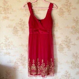 Y2K Taboo Red Tulle Babydoll Party Dress Gold Glitter Boho Fairycore M/L